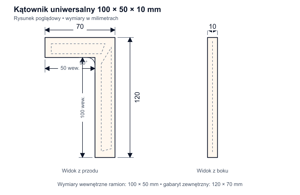 Kątownik uniwersalny 100 × 50 × 10 mm - rysunek techniczny i wymiary