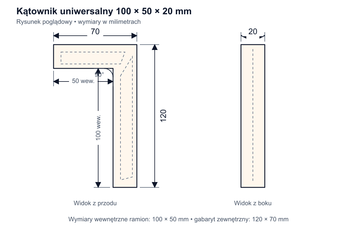 Kątownik uniwersalny 100 × 50 × 20 mm - rysunek techniczny i wymiary