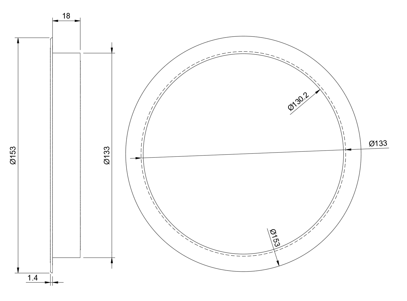 Rozeta maskująca 133 mm - rysunek techniczny i wymiary