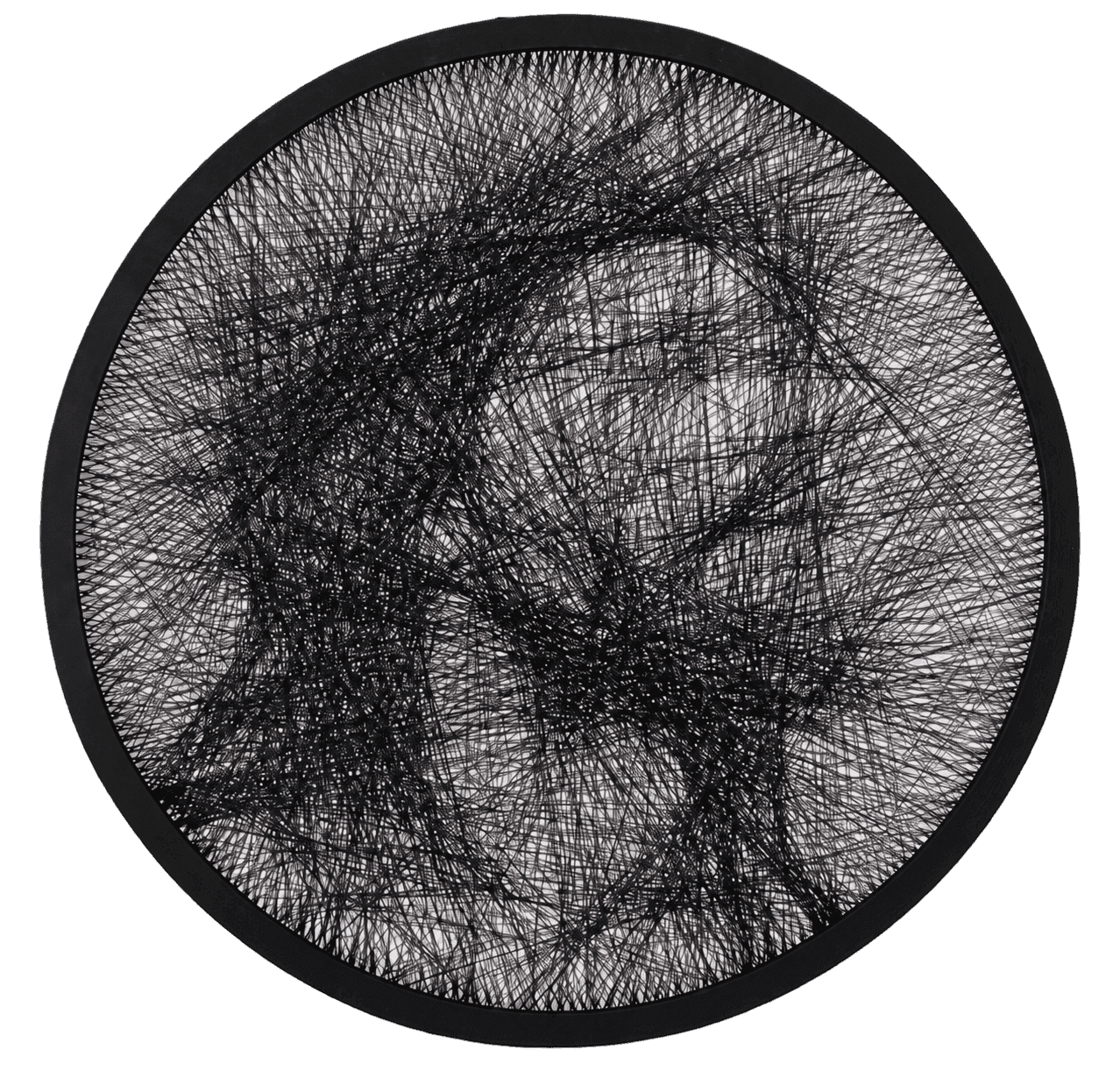 Portret Jezusa wykonany jako czarny string art w okrągłej ramie z druku 3D