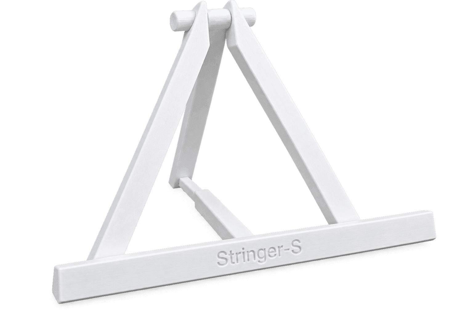 Biała sztaluga ekspozycyjna z napisem Stringer-S wykonana w technologii druku 3D