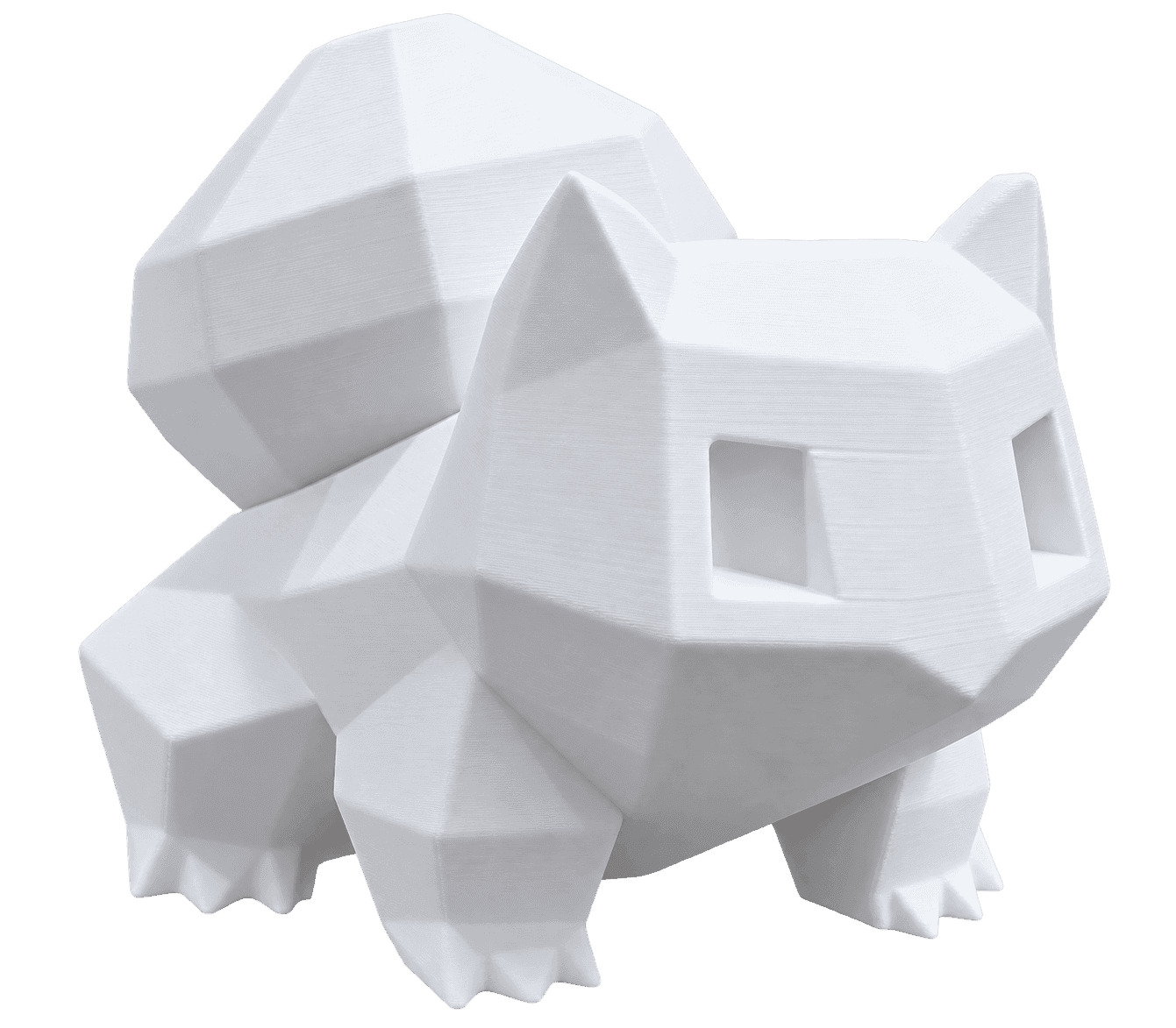 Biała figurka Bulbasaura w stylu low-poly wydrukowana w 3D - widok z przodu