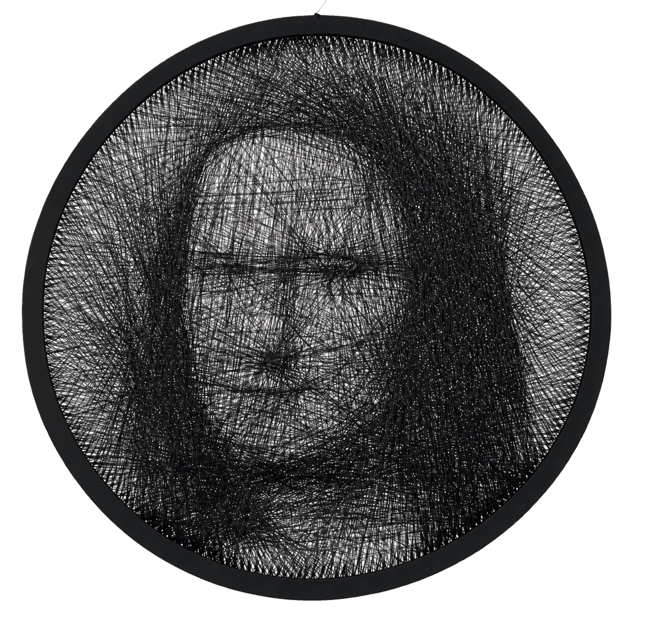 Mona Lisa wykonana jako czarny obraz string art w ramie wydrukowanej w 3D